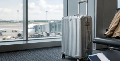 空港の搭乗口付近に置かれた機内持ち込みサイズのシルバースーツケース
