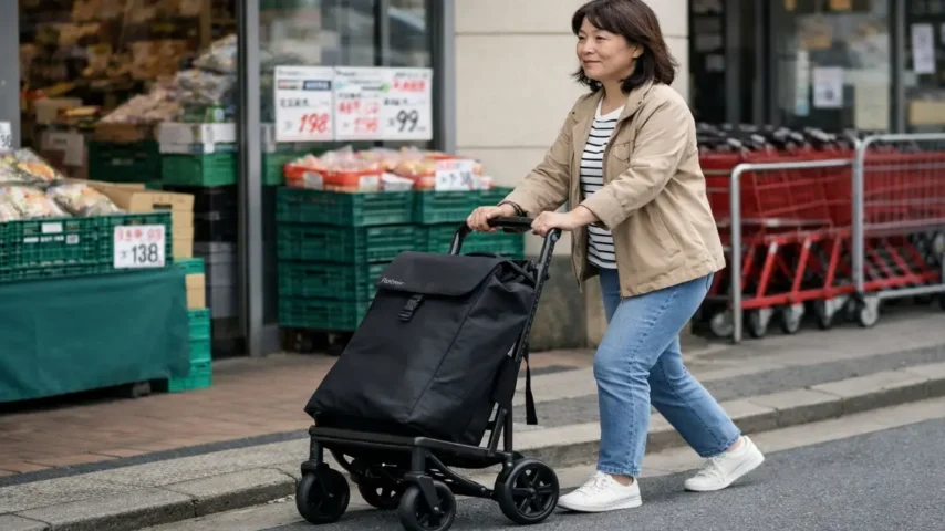 ロルサー4輪タイプの使用イメージ 日本人中高年女性がロルサーの4輪ショッピングカートを押して買い物している様子