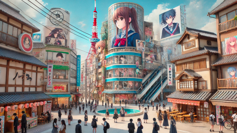 アニメツーリズムの聖地巡礼を行うファンが、アニメの舞台となった風景を背景に観光している様子。