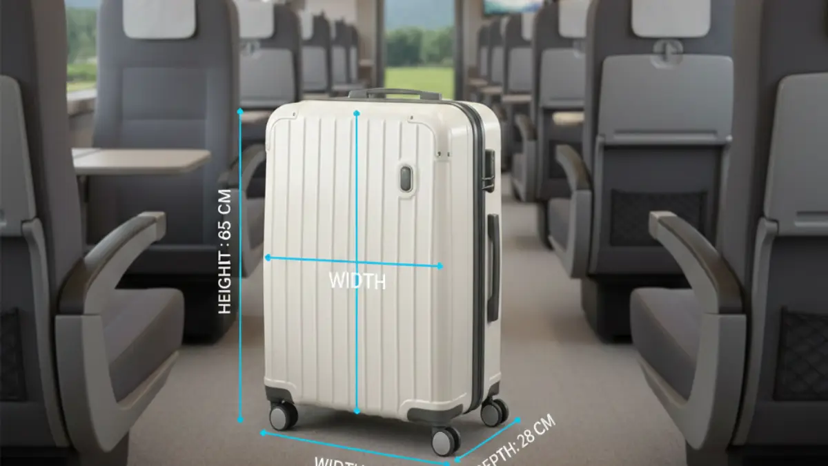 新幹線キャリーケースのサイズ確認方法 新幹線に持ち込むキャリーケースの縦横高さを測り3辺合計を確認している様子