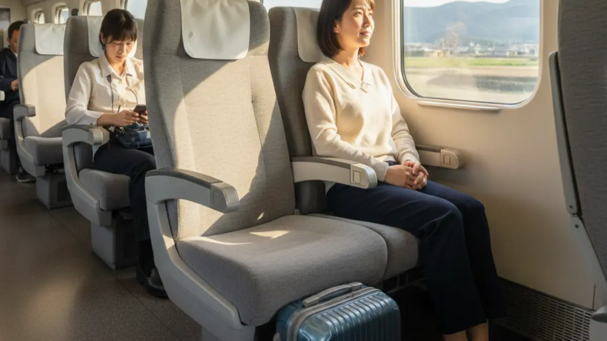 新幹線の足元収納のコツ 新幹線の座席足元にキャリーケースを収め通路を塞がないよう配置している様子