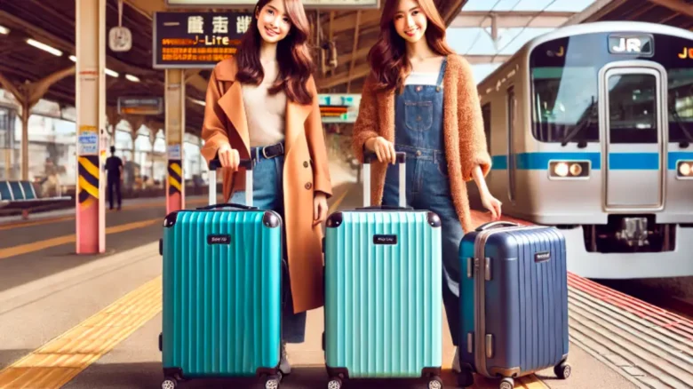 JR駅でカラフルなC-Liteスーツケースを持つ20代女性2人の旅行シーン