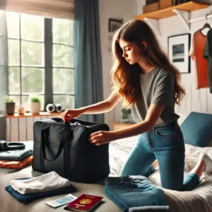 10代の女性が自宅の部屋で黒いボストンバッグに荷物を詰めている様子