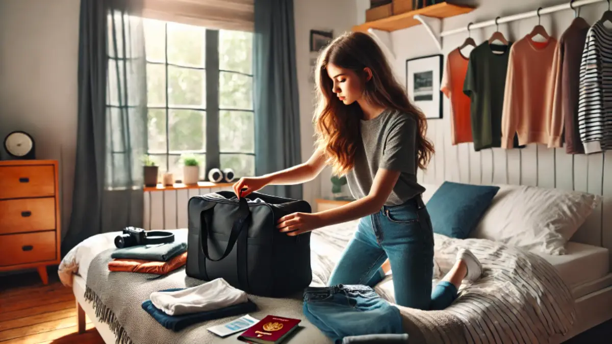 10代の女性が自宅の部屋で黒いボストンバッグに荷物を詰めている様子