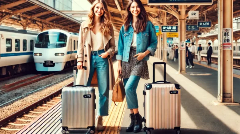 20代女性2人がC-Liteキャリーケースを持ってJR駅のホームで旅に出る様子