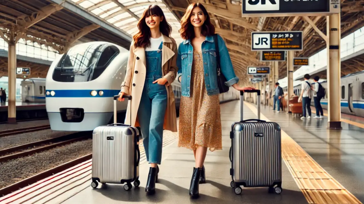 20代の女性2人がC-Liteキャリーケースを持ってJR駅で旅を楽しんでいる様子