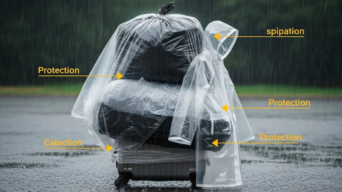 キャリーケースにかけたゴミ袋・レインコート・ビニールシートなど代用品の雨カバー例