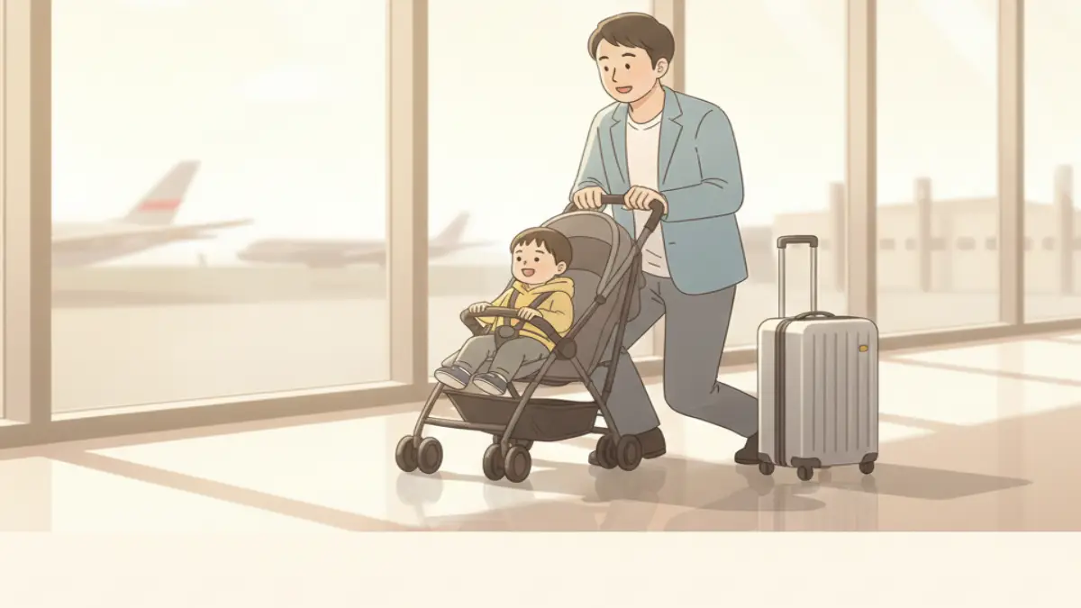 家族旅行で便利なベビーカーとキャリーケースの併用シーン 空港で家族がベビーカーとキャリーケースを使ってスムーズに移動する様子