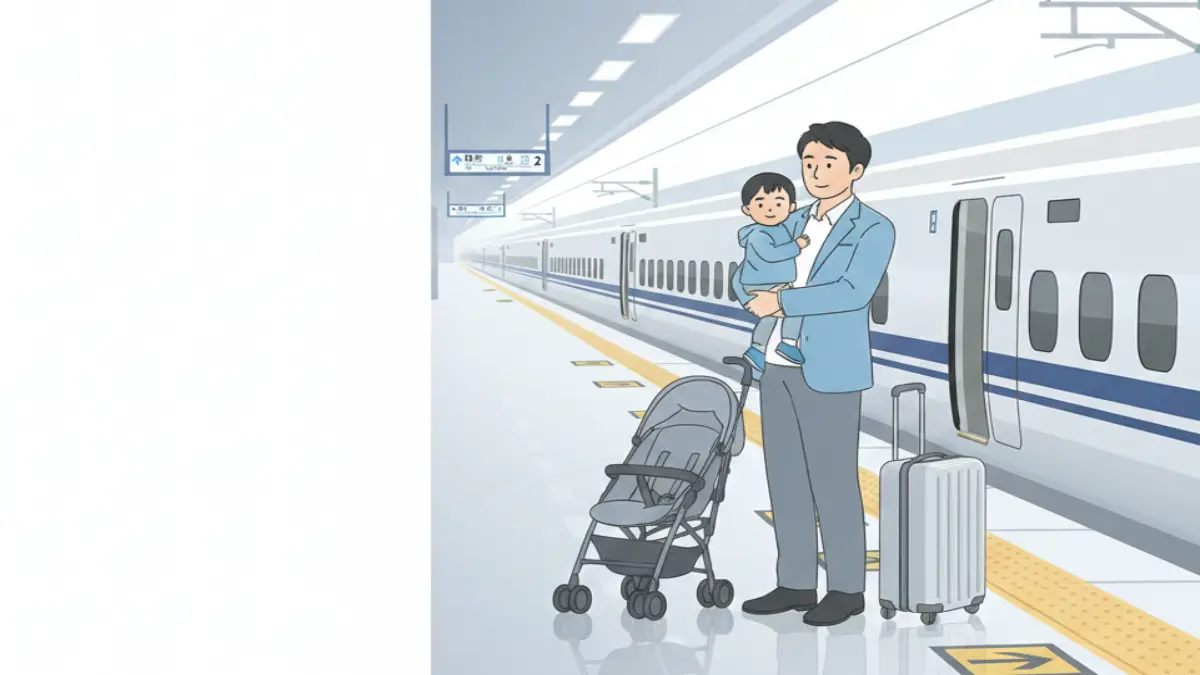 新幹線ホームでのベビーカーとキャリーケースの安全な移動 新幹線ホームでベビーカーとキャリーケースを安全に移動する様子