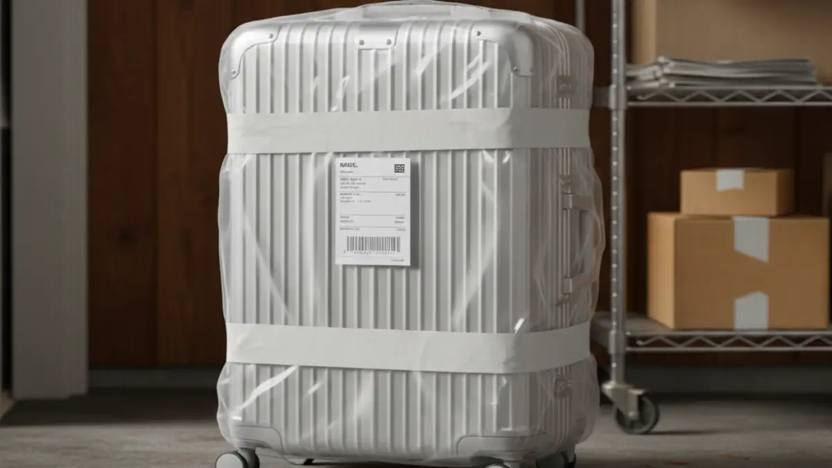 配送に出すキャリーケースをケープで保護している状態