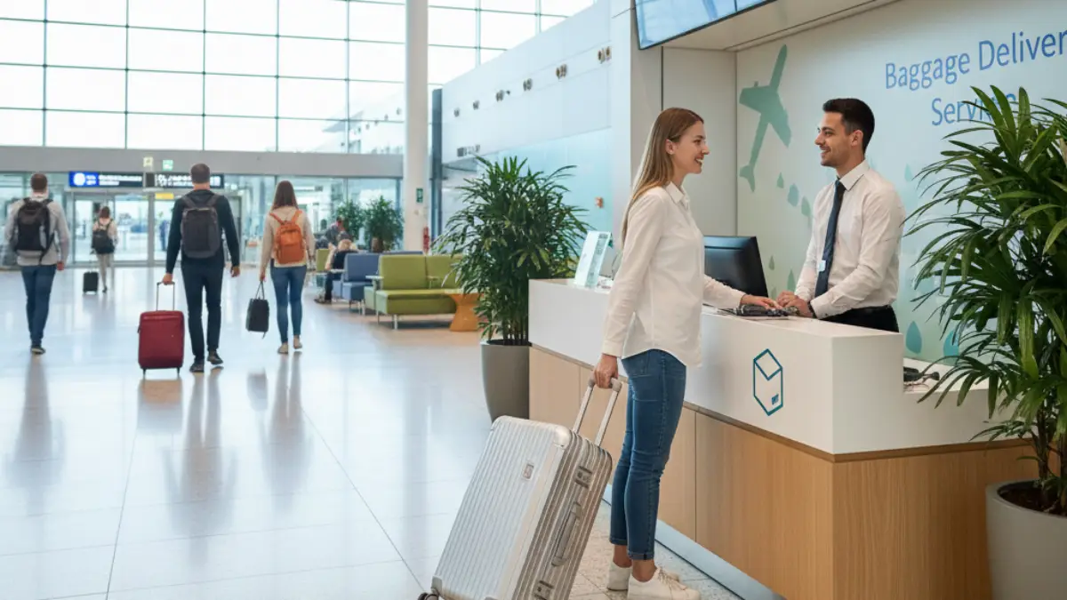 空港の宅配カウンターでキャリーケースをホテルに送る様子