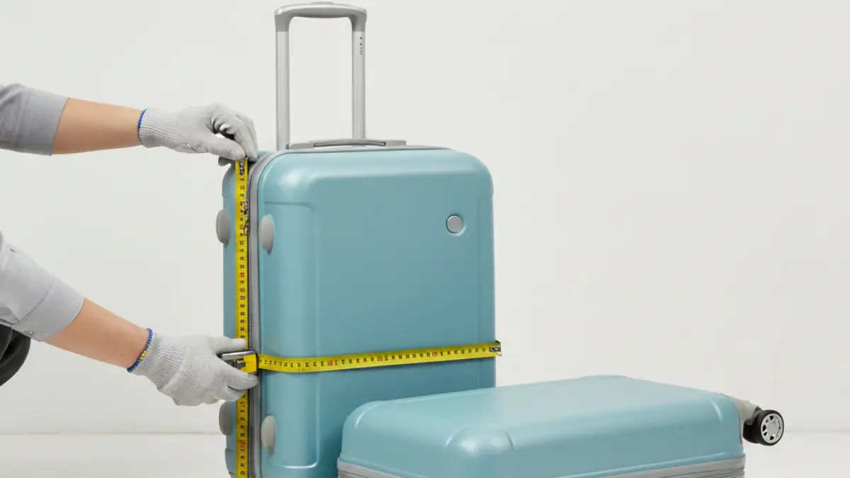 キャリーケースが小さい場合の外寸をメジャーで測り、キャスター込みサイズを確認している様子