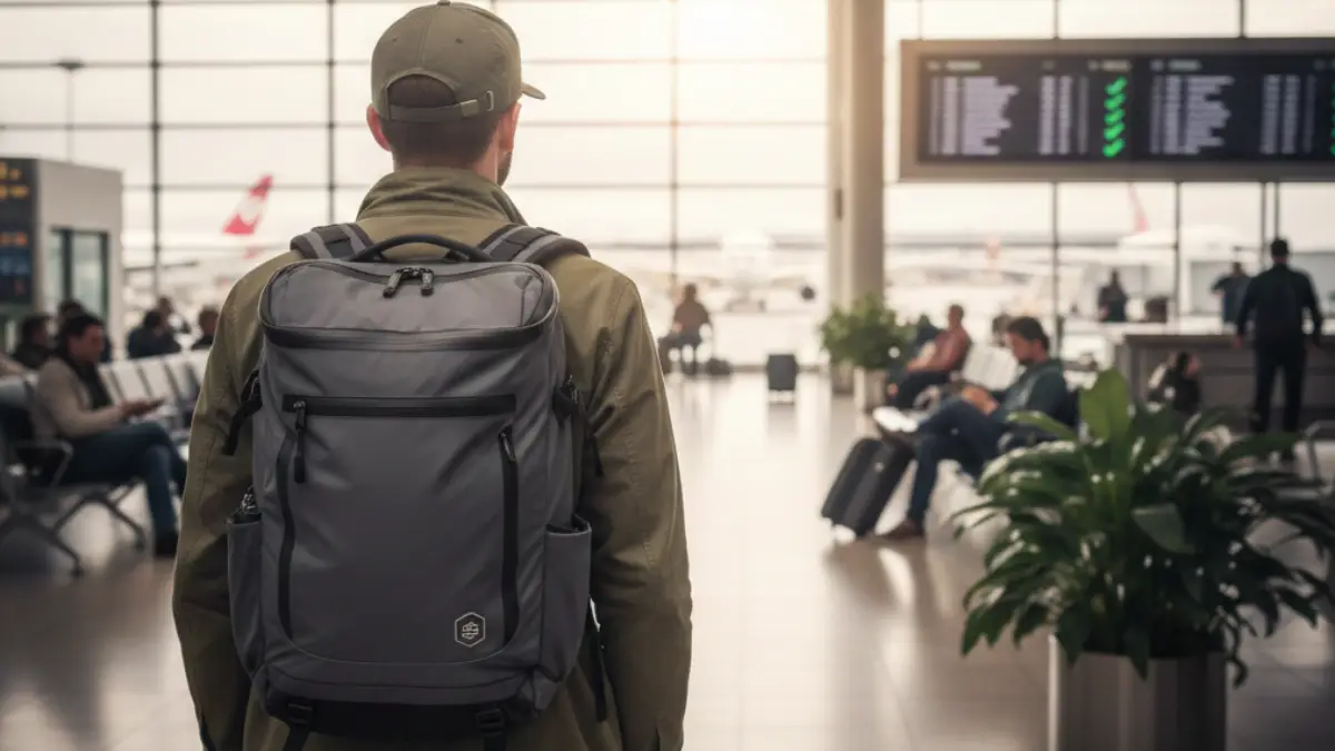 バックパックでノートパソコンを手元管理して移動する様子