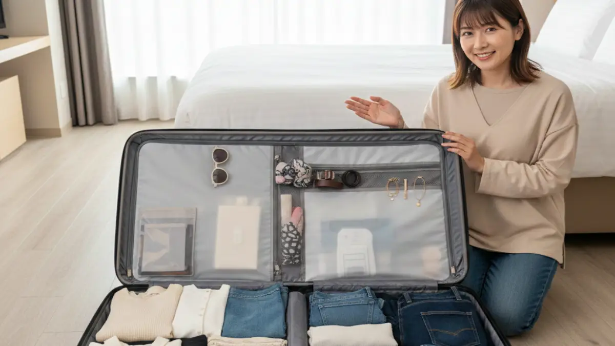 60リットルスーツケース収納例 60リットルキャリーケースに衣類や小物を整理して収納したパッキング例