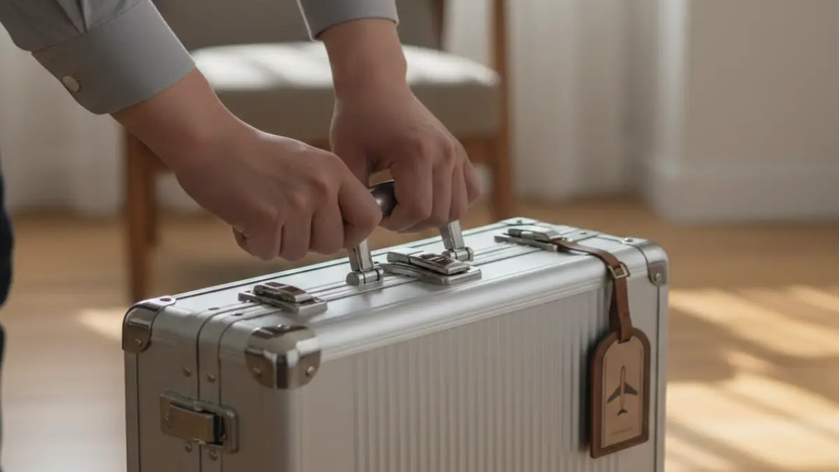 フレーム式キャリーケースのラッチ構造 フレーム式キャリーケースのラッチを閉める日本人の手元