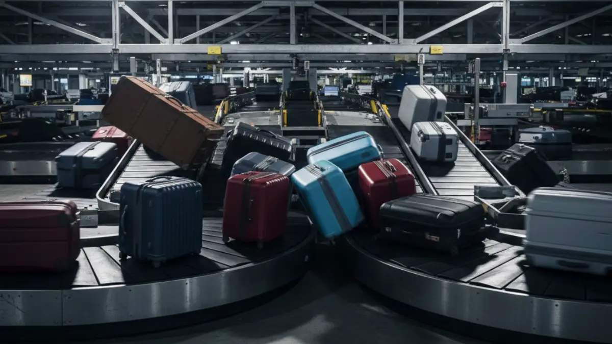 空港で預け荷物として運ばれるスーツケースの様子
