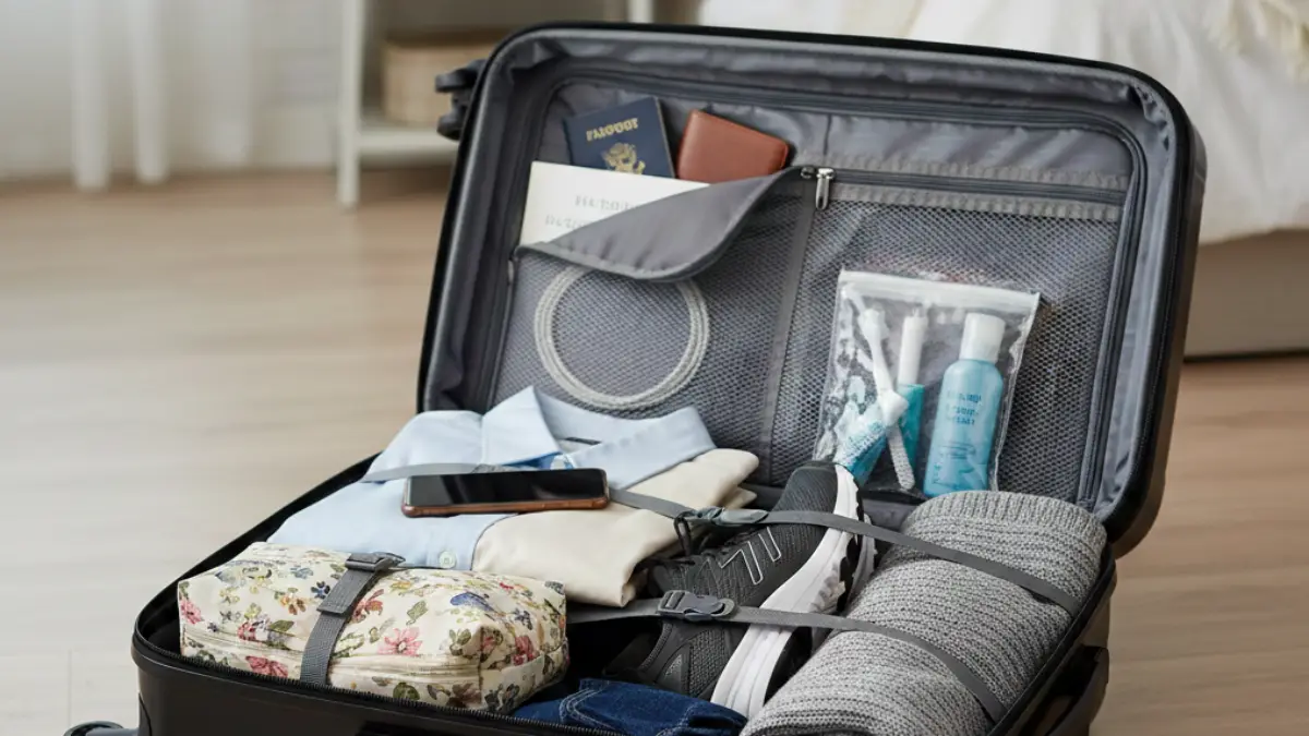 小さいキャリーケースに衣類や小物を収納し、1泊から2泊の荷物量をイメージできる状態