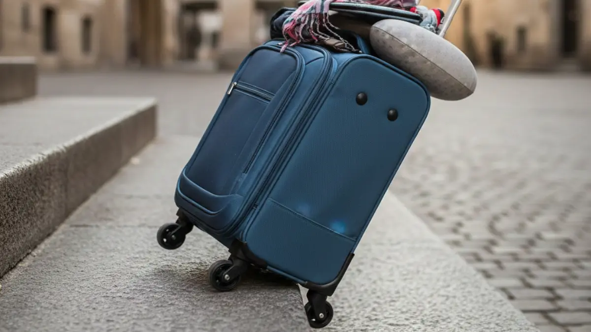 小さいキャリーケースの車輪が段差で引っかかり、転がしにくくなる失敗例のイメージ