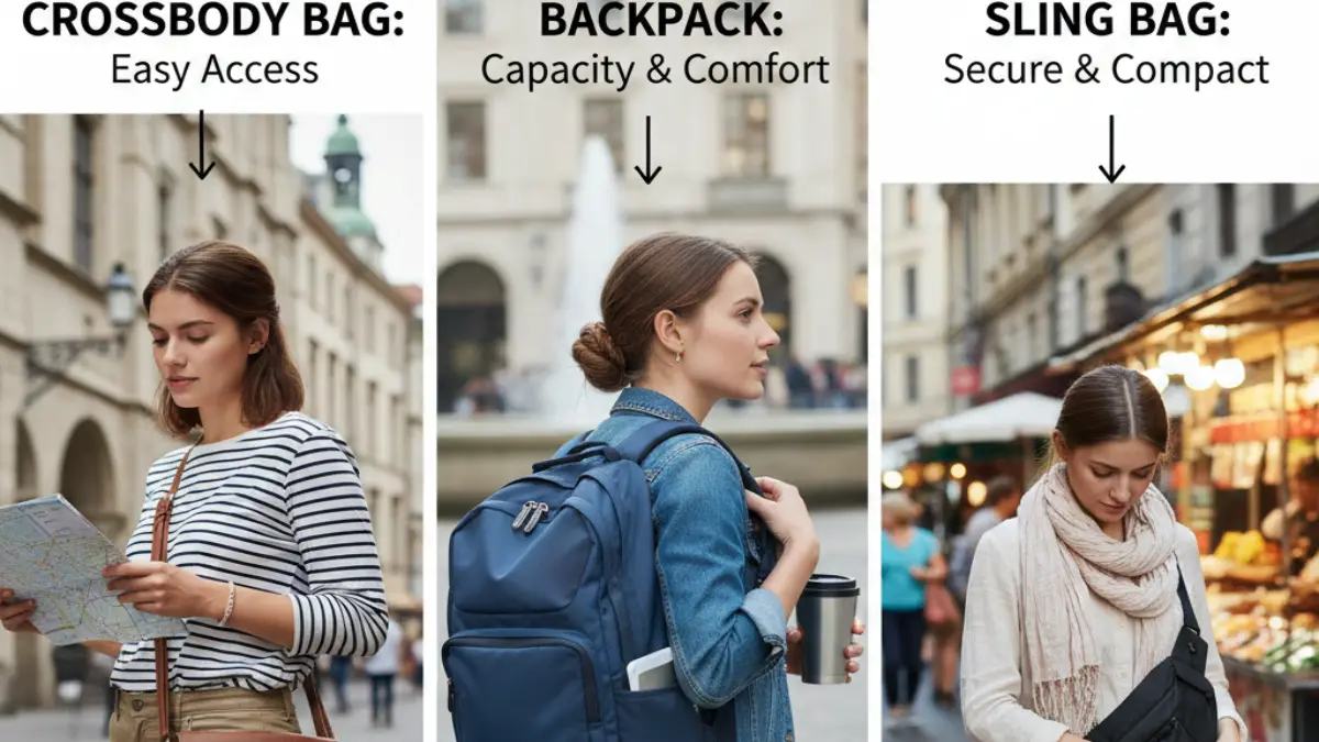 斜め掛けバッグとリュックとボディバッグを比較するイメージ