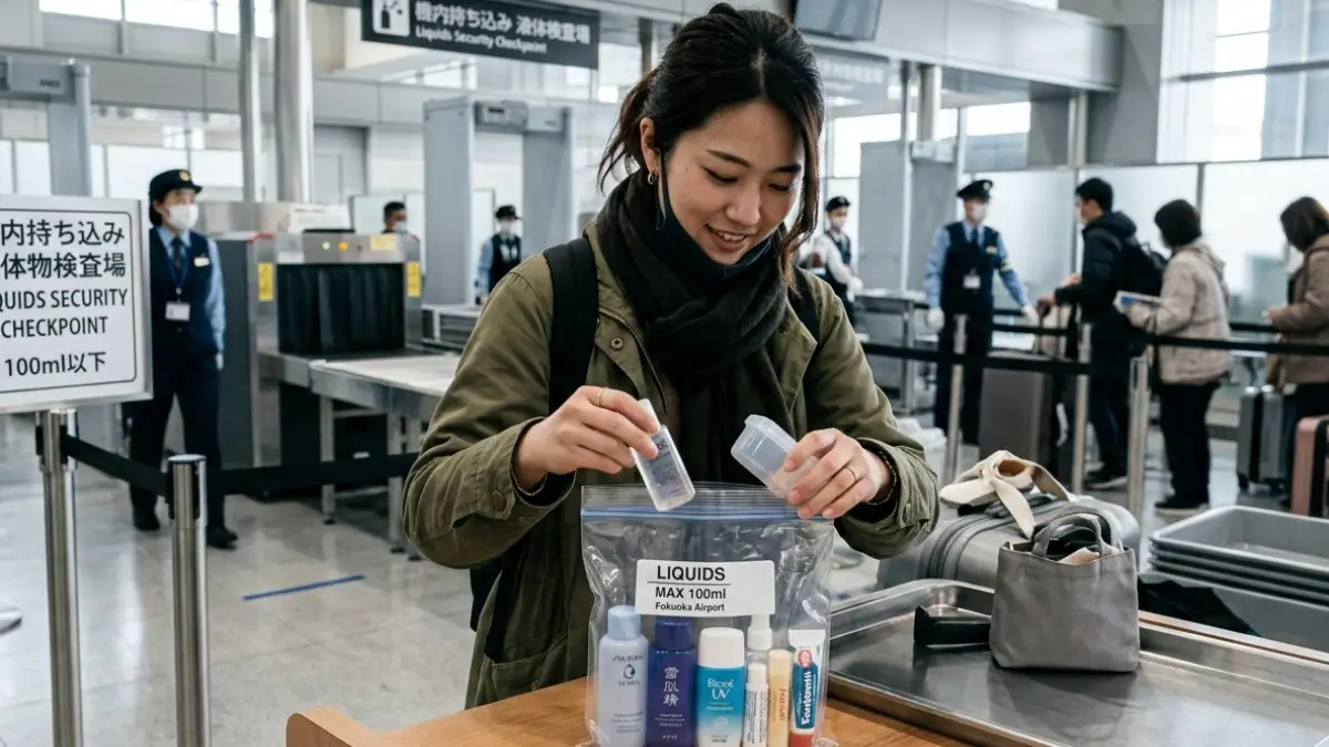 空港の保安検査で液体100mlルールの透明袋を準備する日本人旅行者