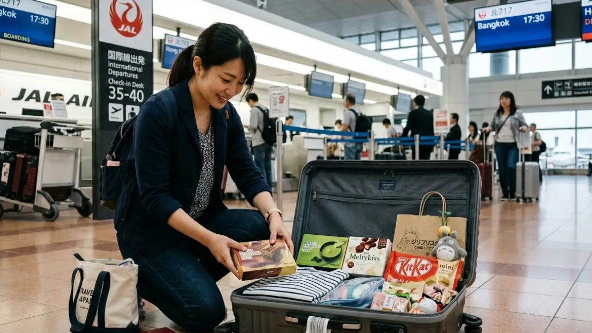 空港で買ったお土産をスーツケースに入れて整理する日本人旅行者