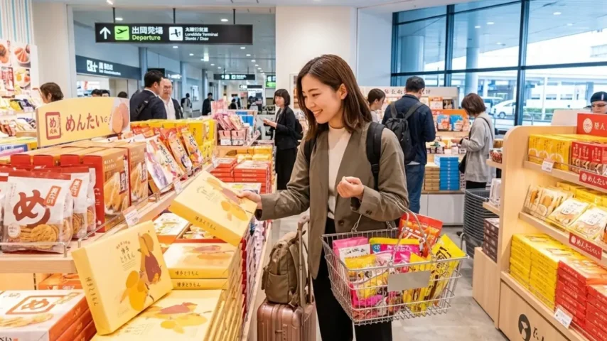 福岡空港の保安検査前エリアでお土産を選ぶイメージ画像