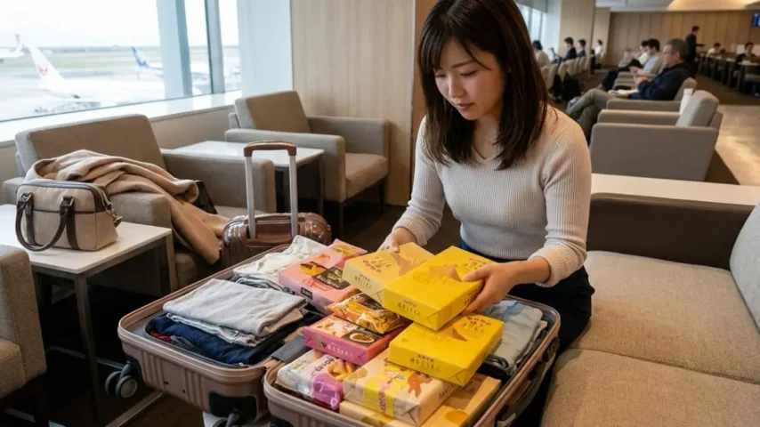 福岡空港で買ったお土産をスーツケースに入れるイメージ画像