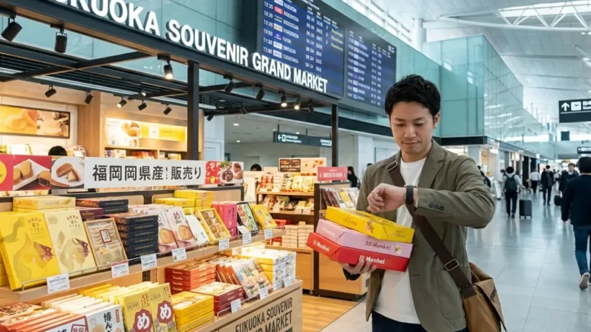 福岡空港でお土産を買う時間の目安をイメージした空港ショッピング画像