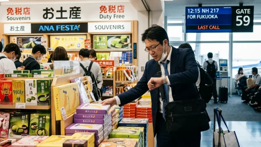 羽田空港 保安検査後でも買えるお土産を選ぶ様子