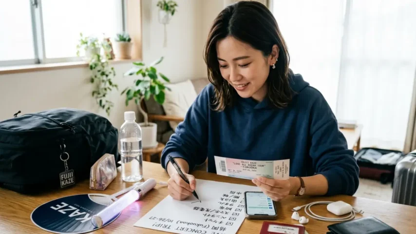 ライブ遠征の持ち物チェックをする日本人女性 チケットやスマホを確認している様子