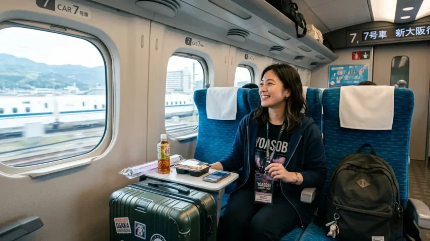 新幹線でライブ遠征する日本人女性 キャリーケースとリュックを持って移動