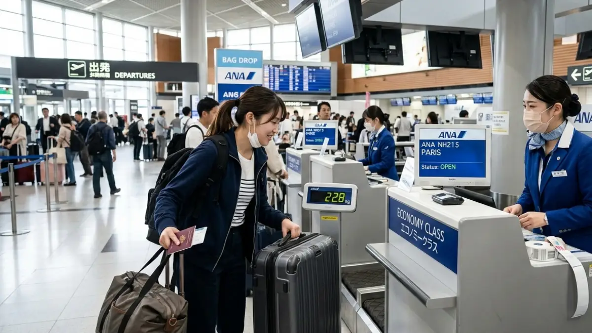 空港チェックインカウンターでスーツケース重量を測る日本人旅行者