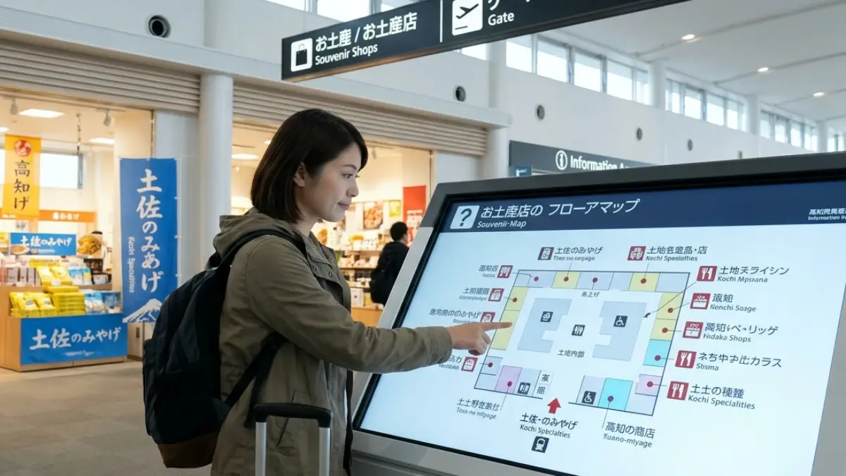 高知 空港 土産 店の場所を確認する女性旅行者