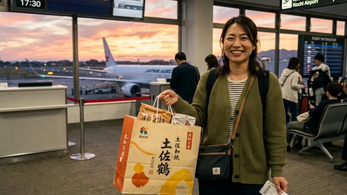 高知空港 土産を選んで満足する女性 一人旅