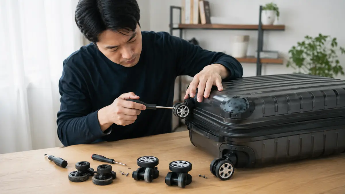 キャリーケースのタイヤ交換をDIYで行う日本人男性