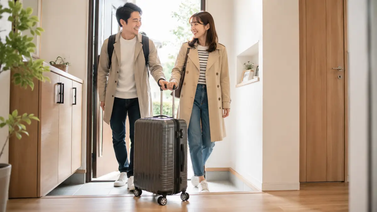 キャリーケースのタイヤ交換を終えて旅行へ出発する日本人夫婦