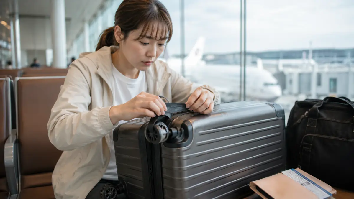 キャリーケースのタイヤ交換前に補修テープで応急処置する日本人女性