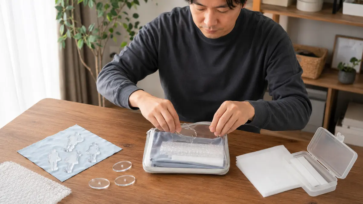 透明ポーチと緩衝材でアクリルスタンド用ケースを作る日本人男性