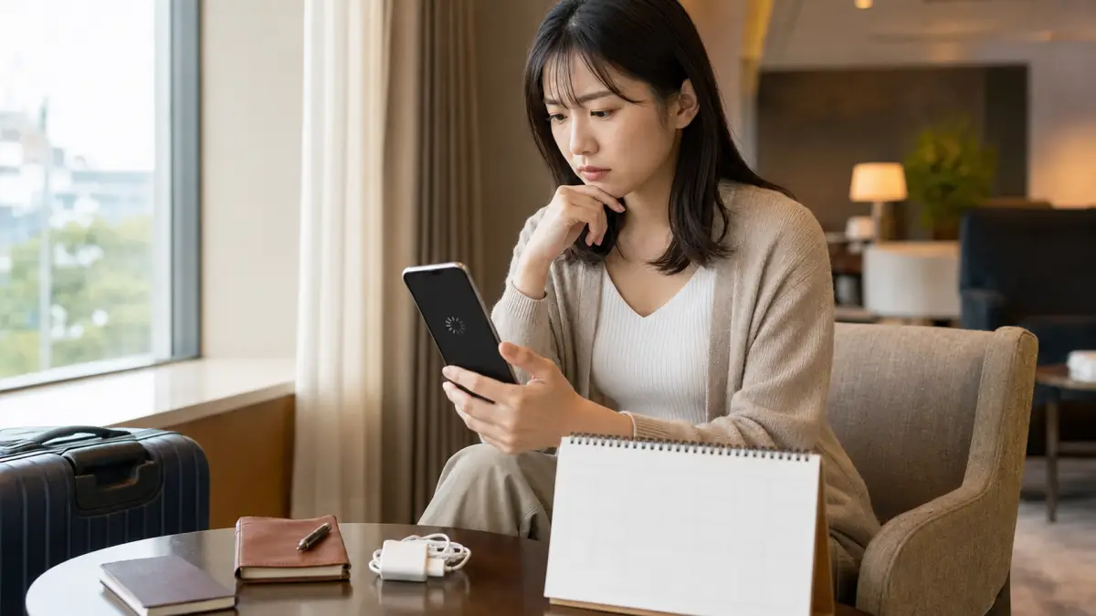 ahamo海外無料の15日経過後に通信速度を確認する日本人女性