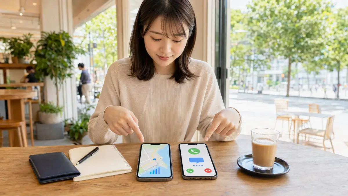 データ専用と通話・SMS対応eSIMの比較 オーストラリアのデータ専用eSIMと電話番号付きSMS対応eSIMを比較する日本人女性