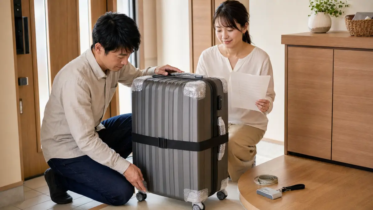 発送準備が完了したキャリーケース キャリーケースの配送準備を完了した日本人夫婦