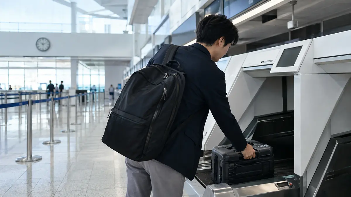 羽田空港の自動手荷物預け機でスーツケースを預ける日本人旅行者