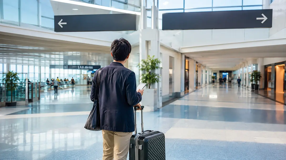 羽田空港の出発ロビーで利用ターミナルを確認する日本人旅行者