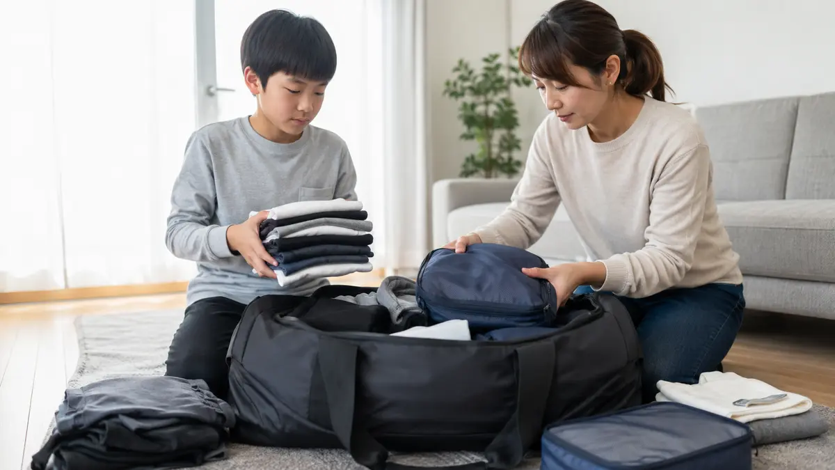 中学生の修学旅行バッグの詰め込みすぎを親子で整理する様子