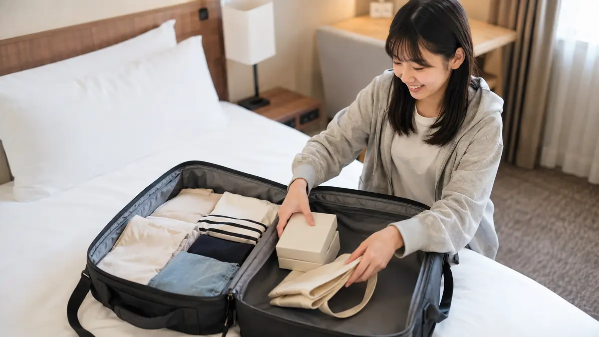 お土産を入れる余裕を残して修学旅行バッグを収納する日本人の女子中学生