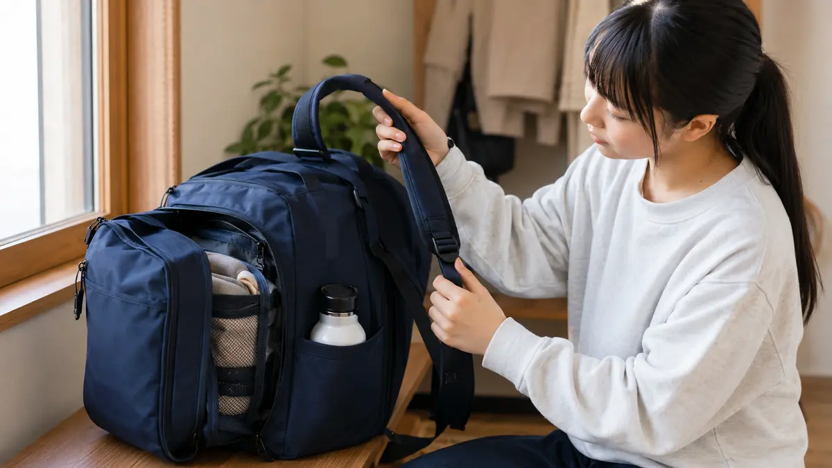 収納ポケットと肩パッド付き修学旅行バッグを確認する日本人の女子中学生
