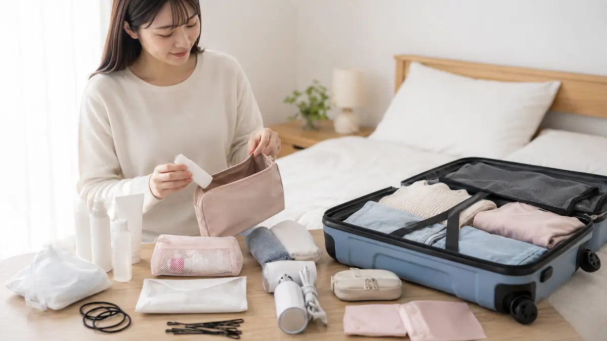 衛生用品や身だしなみグッズを準備する女性のリゾートバイト持ち物