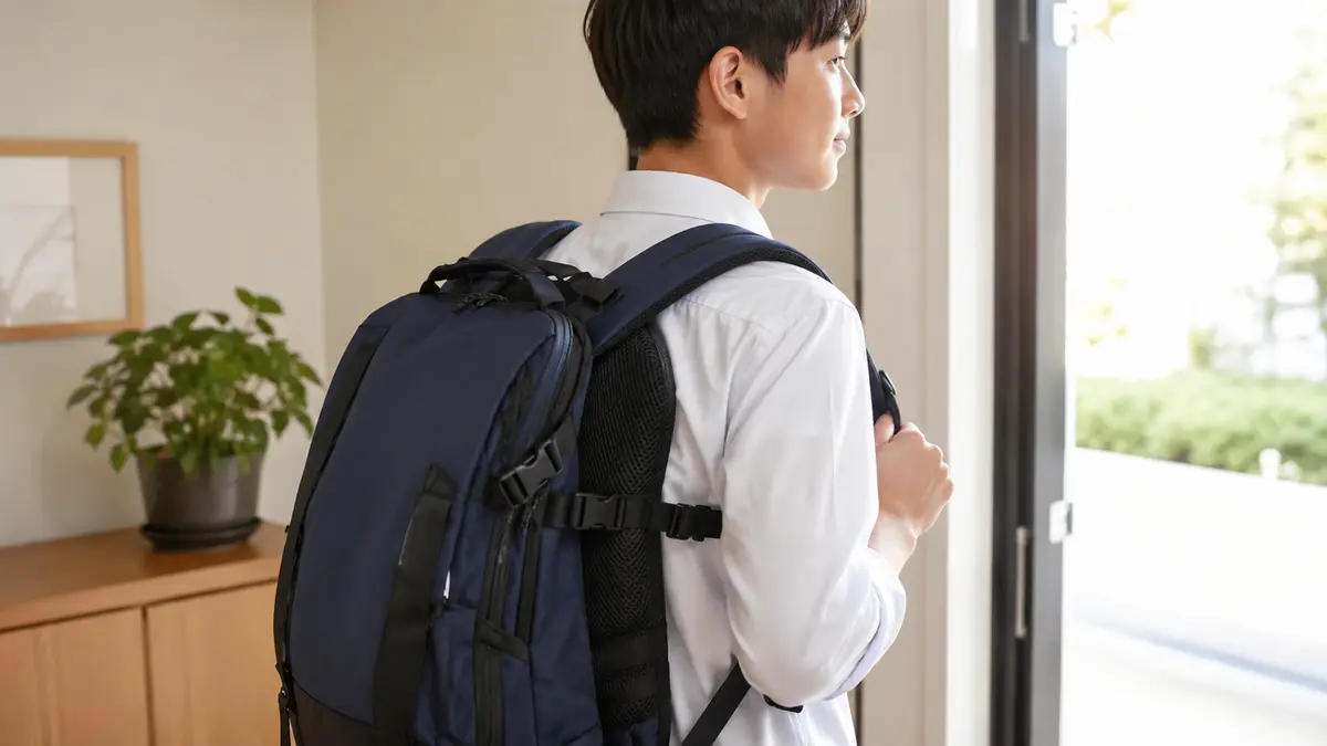 背面クッションとチェストベルトを正しく調整した修学旅行用リュック