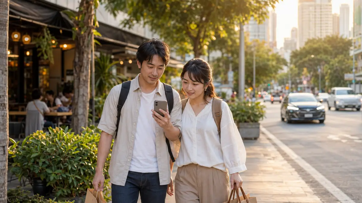 タイeSIM電話番号付き無制限の設定を終えてバンコクを旅行する日本人夫婦