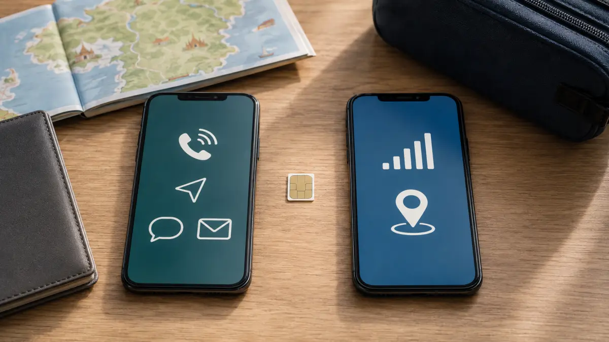 タイeSIM電話番号付き無制限とデータ専用eSIMの違いを表すスマートフォン